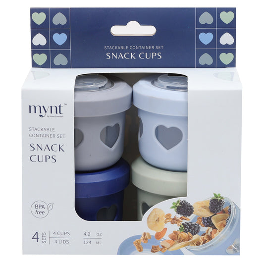 Mynt S/4 4.2oz Glass Snack Cups W/Blue Heart Silicone Sleev