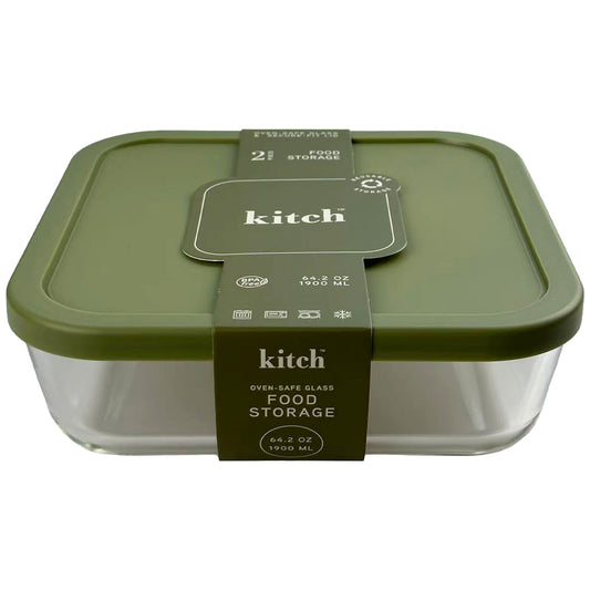 Kitc 64.6oz Square Glass Food Storage W/Green Lid