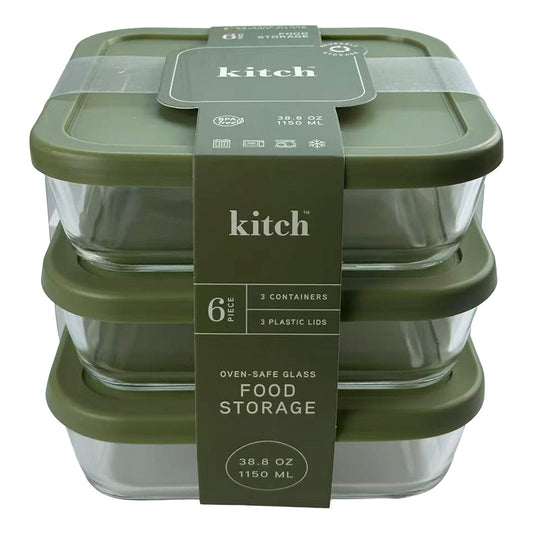 Ktch S/3 33oz Square Glass Food Containers W/Green Lids