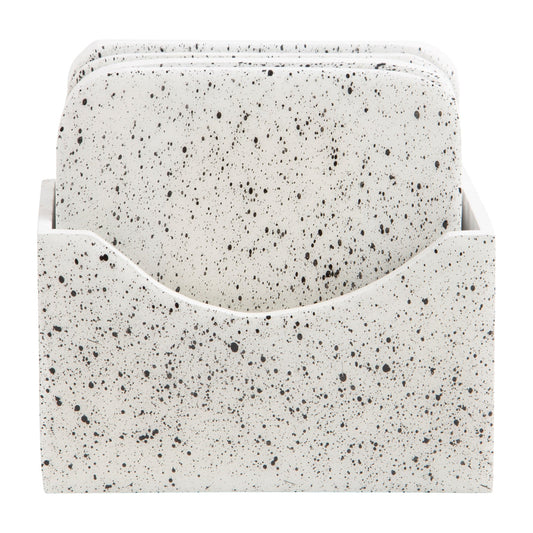 Set Of 4 White Speckle Enamel Coasters With Caddy