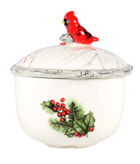7 Oz Cardinal Holly Round Covered Sugar Bowl W/Bamboo Rim