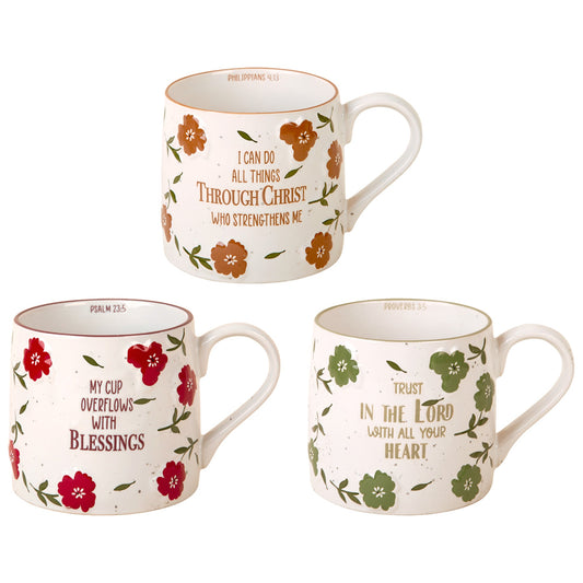 3a 22oz White Mugs W-Flowers-Leaves Design With Bible Verse