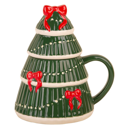 190z Evergrn Xmas Tree Shape Cvrd Mug W-Red Bows-Wht Garland