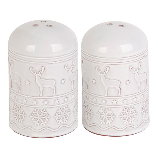 Set Of 2 3.5in Rnd Emb White Reindeer Salt-Pepper Shaker Set