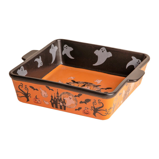 2.38qt Haunted House On Orang Sq Baker W/Handles