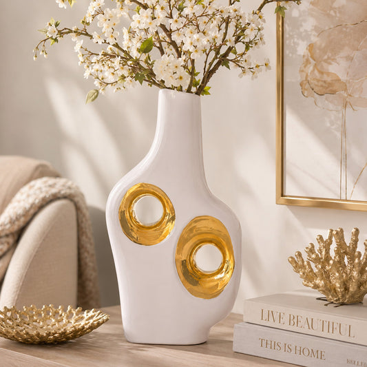 12 Inch White With Gold Cutout Vase